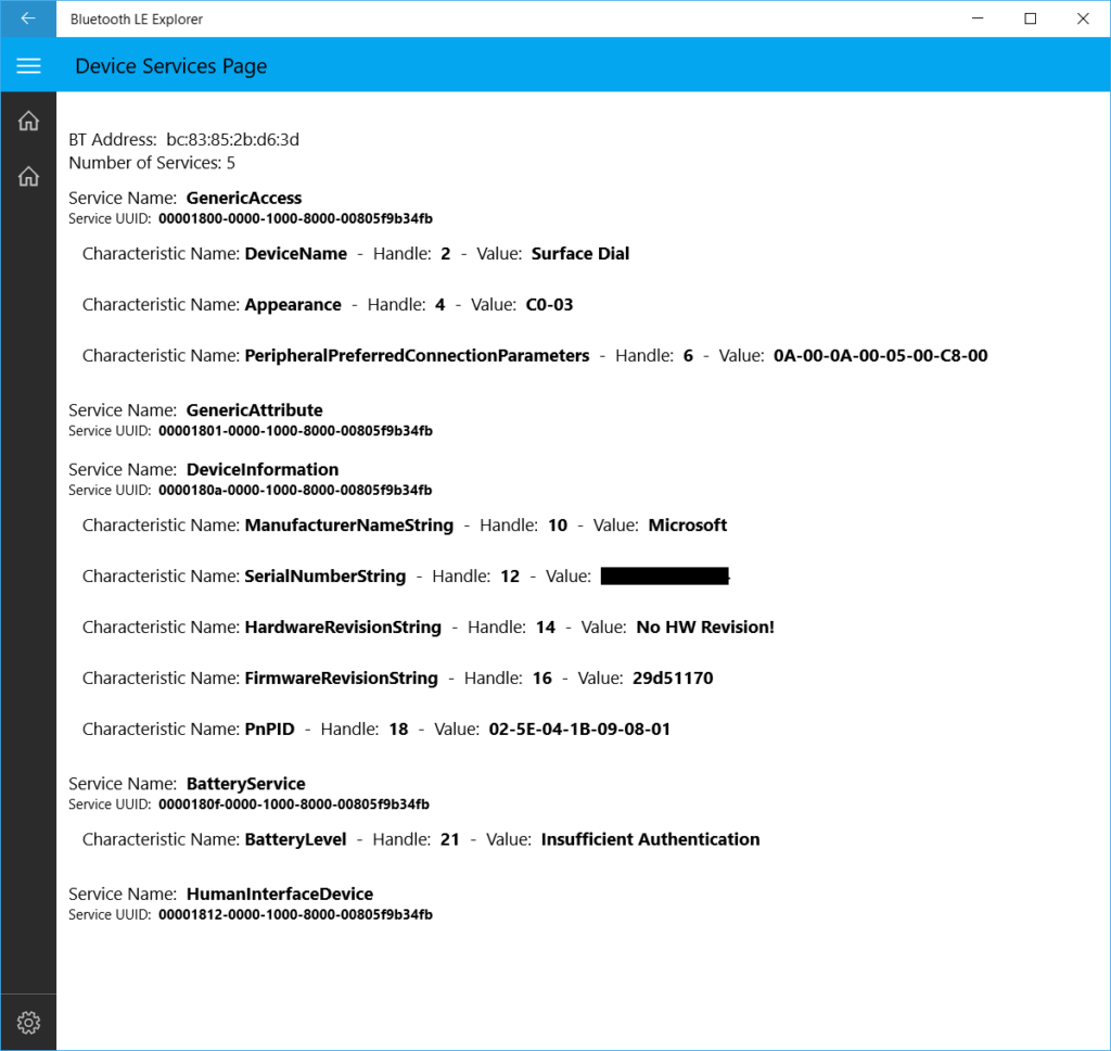 Bluetooth LE services offered by the Surface Dial
