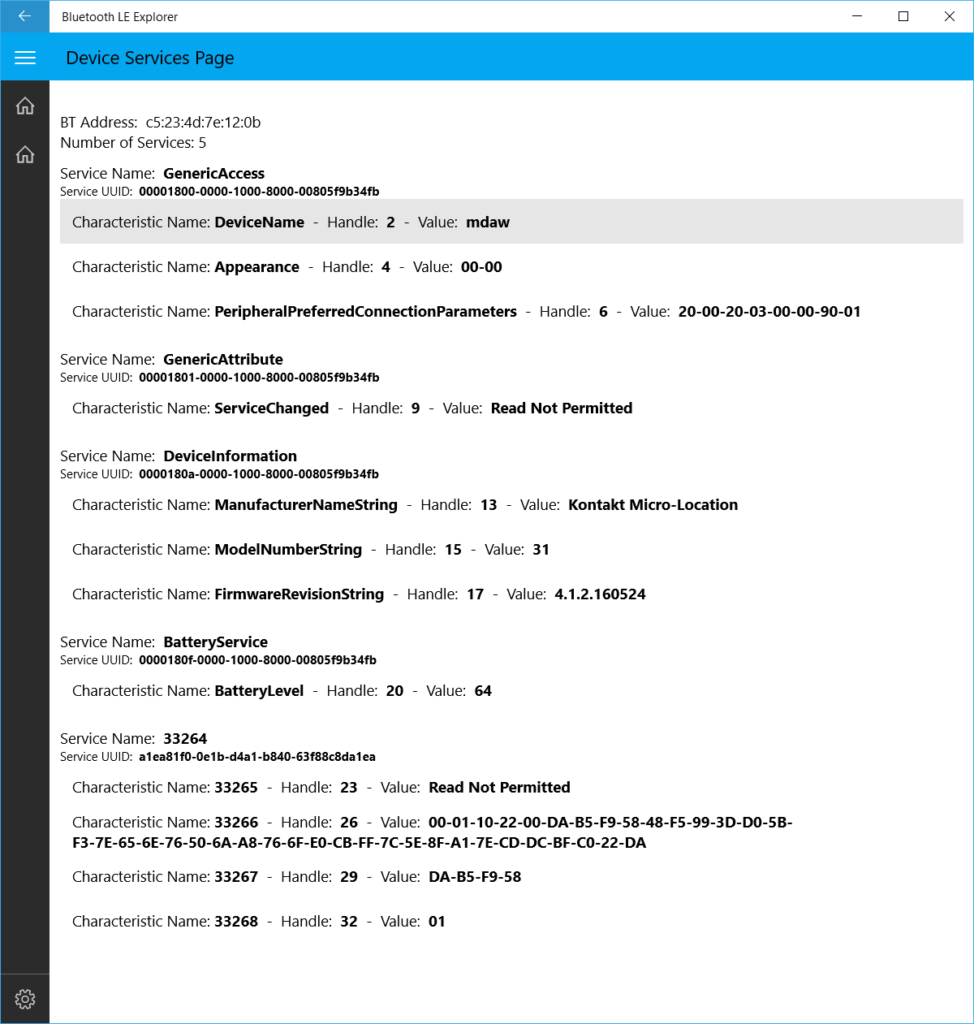 Bluetooth GATT services of a kontakt.io beacon