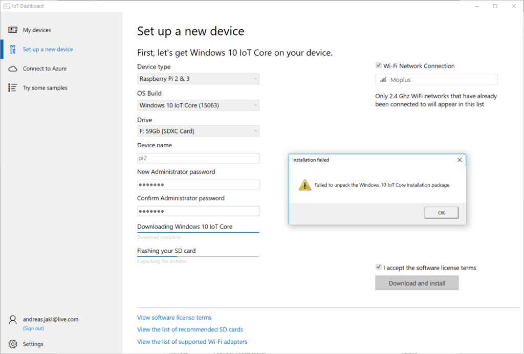 Windows 10 IoT Core Dashboard Installation Error