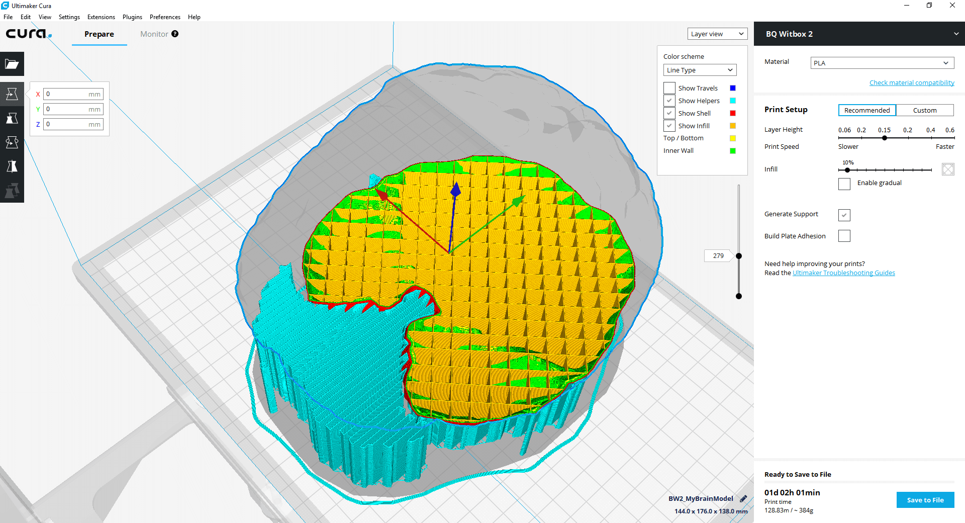 Support material for the 3D printed brain in Cura