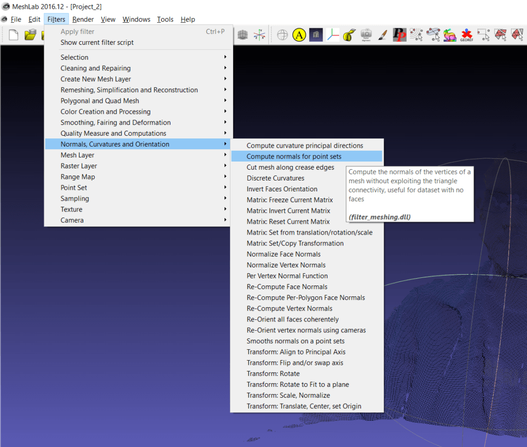 MeshLab: Compute normals for point sets