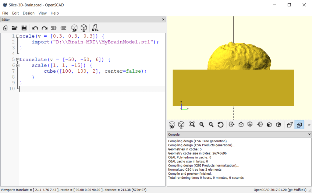 A cube added to the 3D Brain scene with OpenSCAD