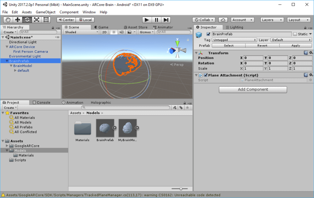 Creating a prefab that attaches to a plane for use with ARCore