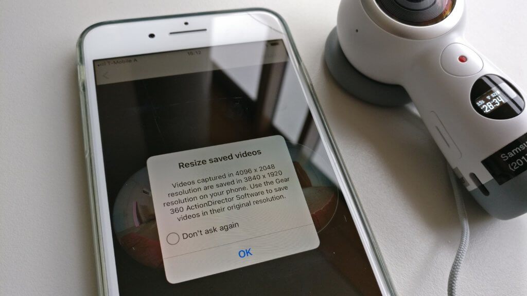 The iPhone app of the Samsung Gear 360 doesn't support the full resolution