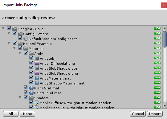 Importing the ARCore unitypackage