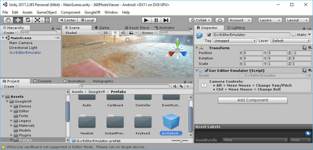 Unity: GvrEditorEmulator Prefab from the Google VR SDK