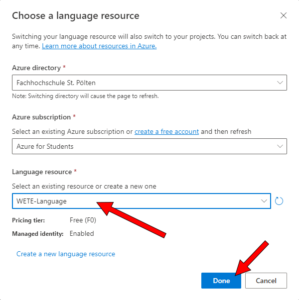 Screenshot: select the new language resource, check the free F0 pricing tier, and you're ready to go!