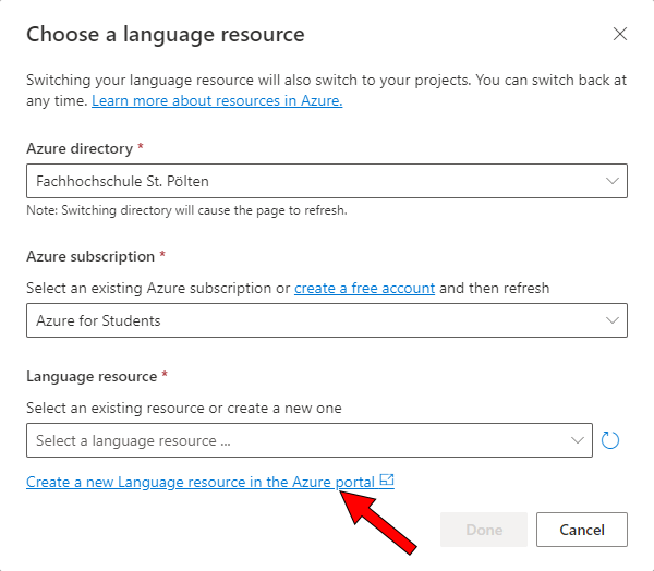 Screenshot showing the Azure directory and subscription having been set, but the language resource still missing.