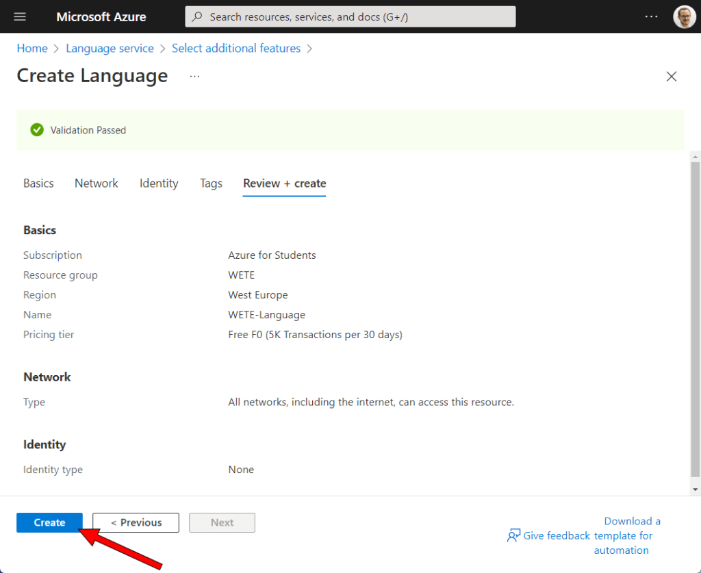Screenshot of the summary of the language service creation wizard in the Azure portal.