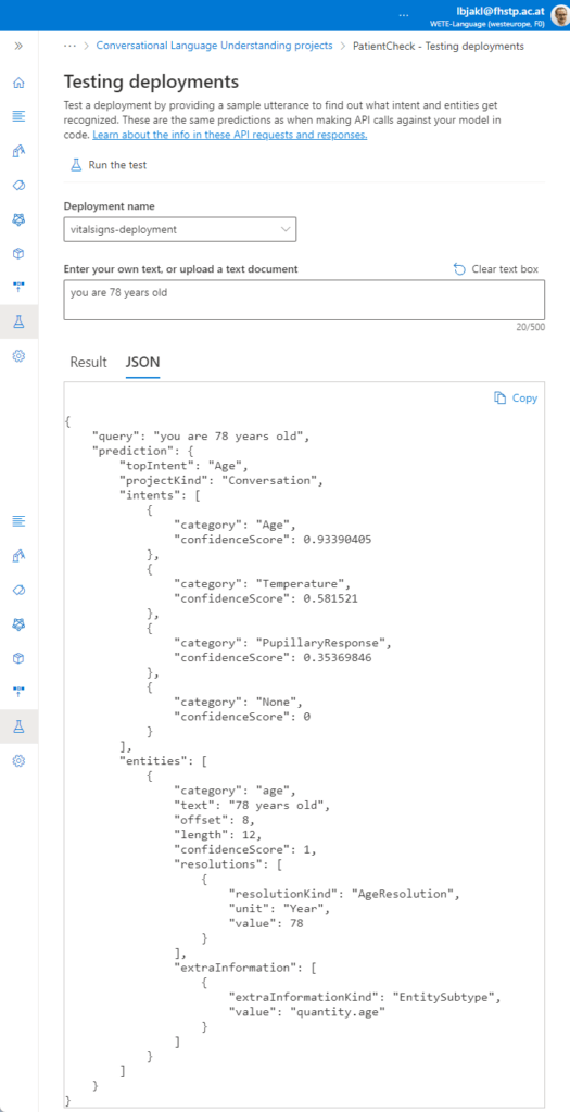 Testing your deployment in the Azure Language Service