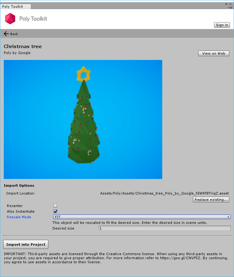 Google Poly Toolkit with a Christmas Tree model for Unity
