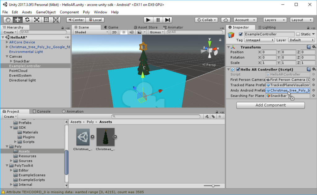 Imported Christmas Tree from Google Poly into Unity for ARCore