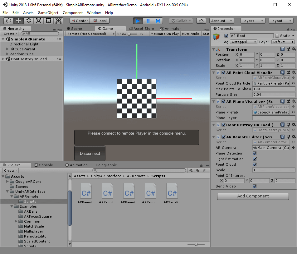 Unity Editor: Running the ARRemote Example and waiting for a connection