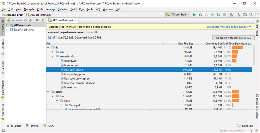 APK loaded in Android Studio, showing the ARCore libraries