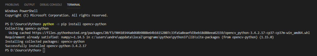 Install OpenCV for Python in Visual Studio Code with pip