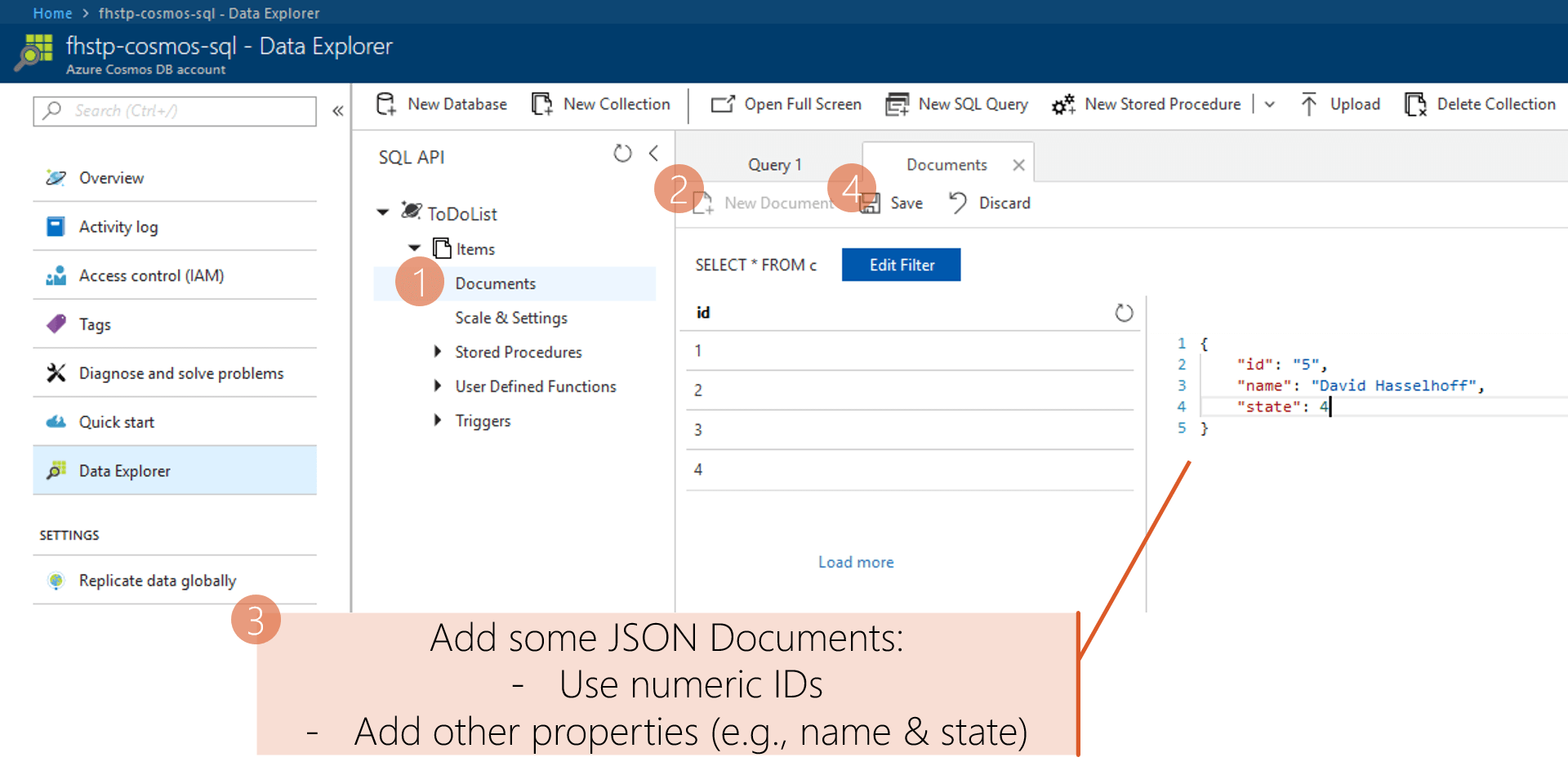 Steps to add documents to the Azure Cosmos DB