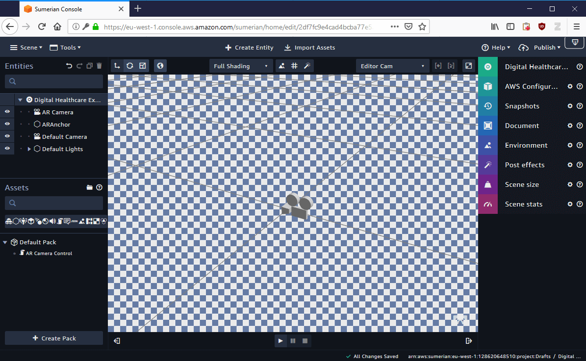 The Sumerian interface for the Augmented Reality template.
