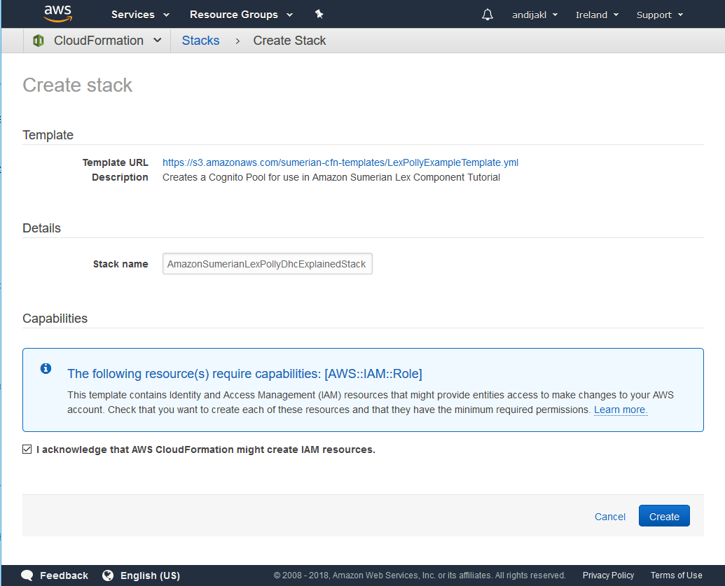 Create an Amazon CloudFormation Stack to access various cloud services from Sumerian through a Cognito ID.