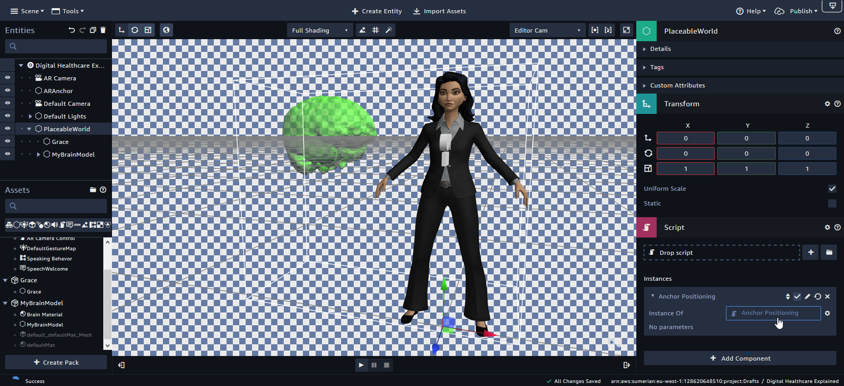 The "Anchor Positioning" script is added to the "PlaceableWorld" entity with both the host and the custom 3D entity as children.