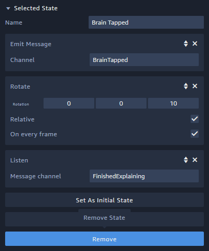 Settings for an Amazon Sumerian action that continually rotates an object.