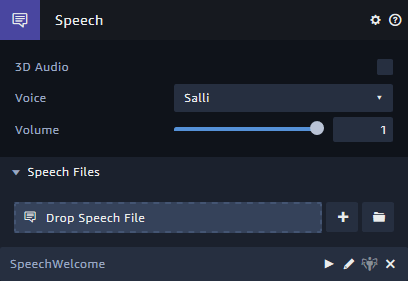 Custom speech text file assigned to the Speech component of a Host in Amazon Sumerian.