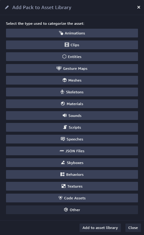 Adding a pack to an asset library - choose the main type to categorize the asset.