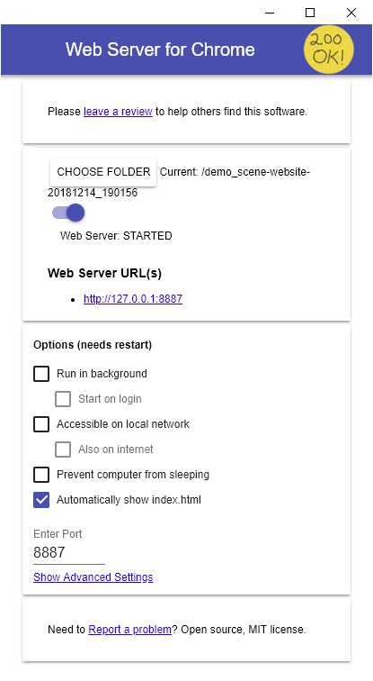Simple Web Server for Chrome configured to run a local Amazon Sumerian website. It loads scripts from Amazon, but has assets stored locally.
