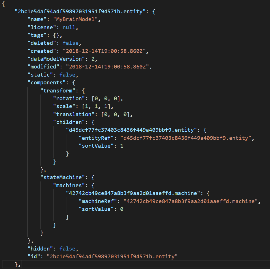 The beginning of an exported Amazon Sumerian scene, saved as root.bundle and showing the details of a custom 3D model entity with its transform component and the reference to its state machine component.