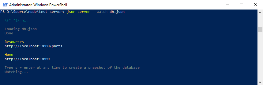 The JSON-server module is up and running with our db.json file defining the data as well as the default CRUD operations.
