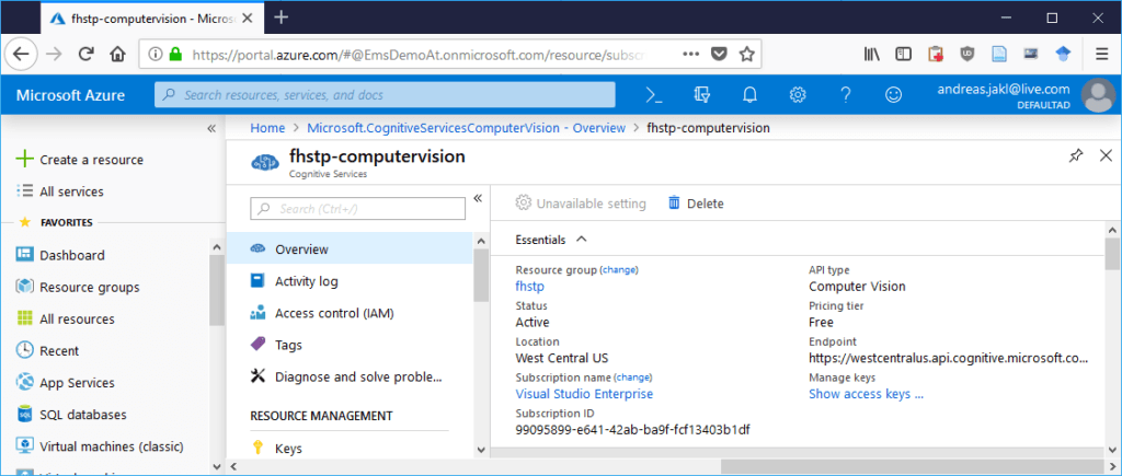 Write down the Endpoint and access keys from your Azure Cognitive Services portal.