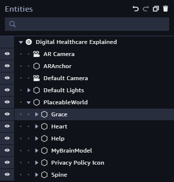 All entities that should be movable in AR through an anchor are children of the "PlaceableWorld" entitiy. That entity will get the AR anchor attached. The host ("Grace") entity actually owns the movement, as placement is triggered by tapping the host.