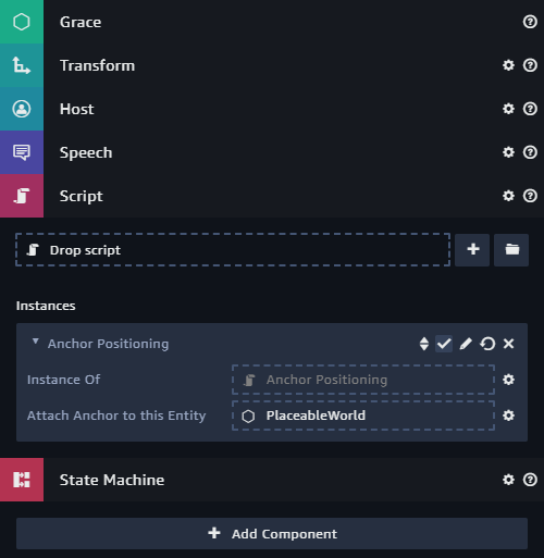 "PlaceableWorld" configured as parameter for the "Anchor Positioning" script.