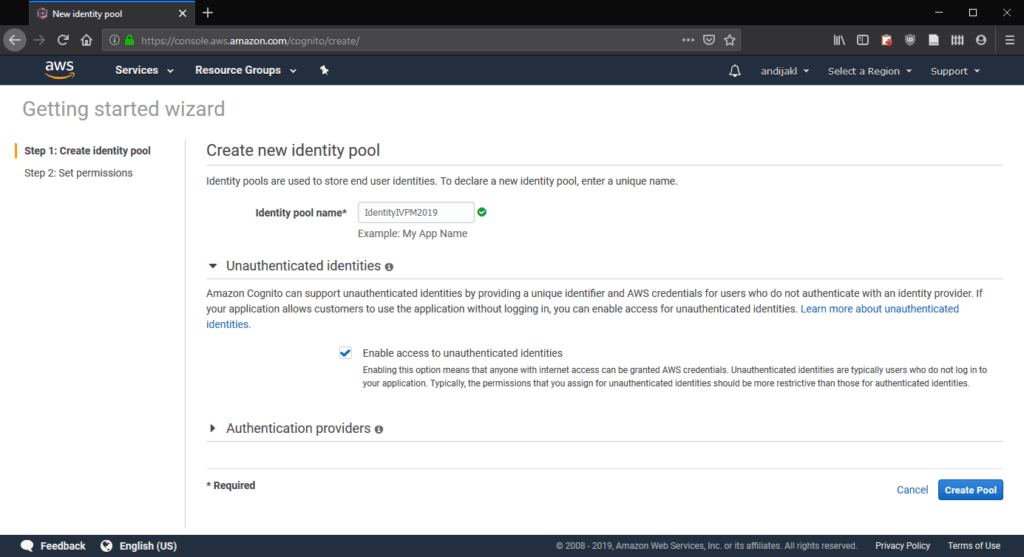 Identity pool in AWS Cognito to allow access to Polly from Sumerian.