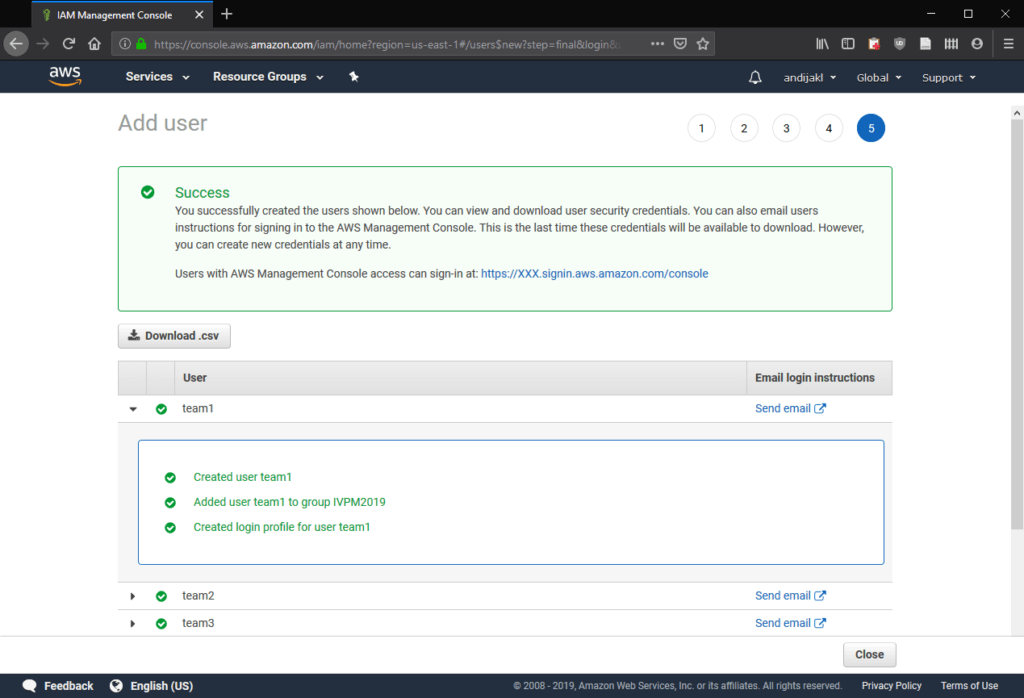 Add user success page. Don't forget to write down the AWS Management Console access URL and (if necessary) any auto-generated passwords.