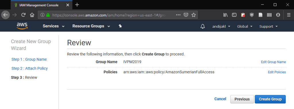 IAM Group summary with the Amazon Sumerian Full Access policy attached.