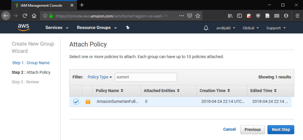 Attaching the Sumerian access policy to the new AWS IAM group.