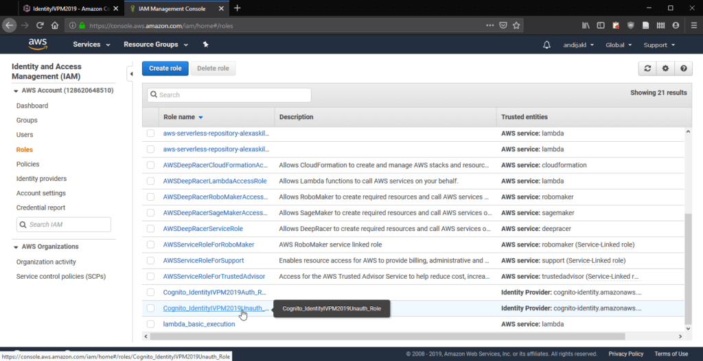 Select the Cognito role within IAM to apply the Polly access permission.