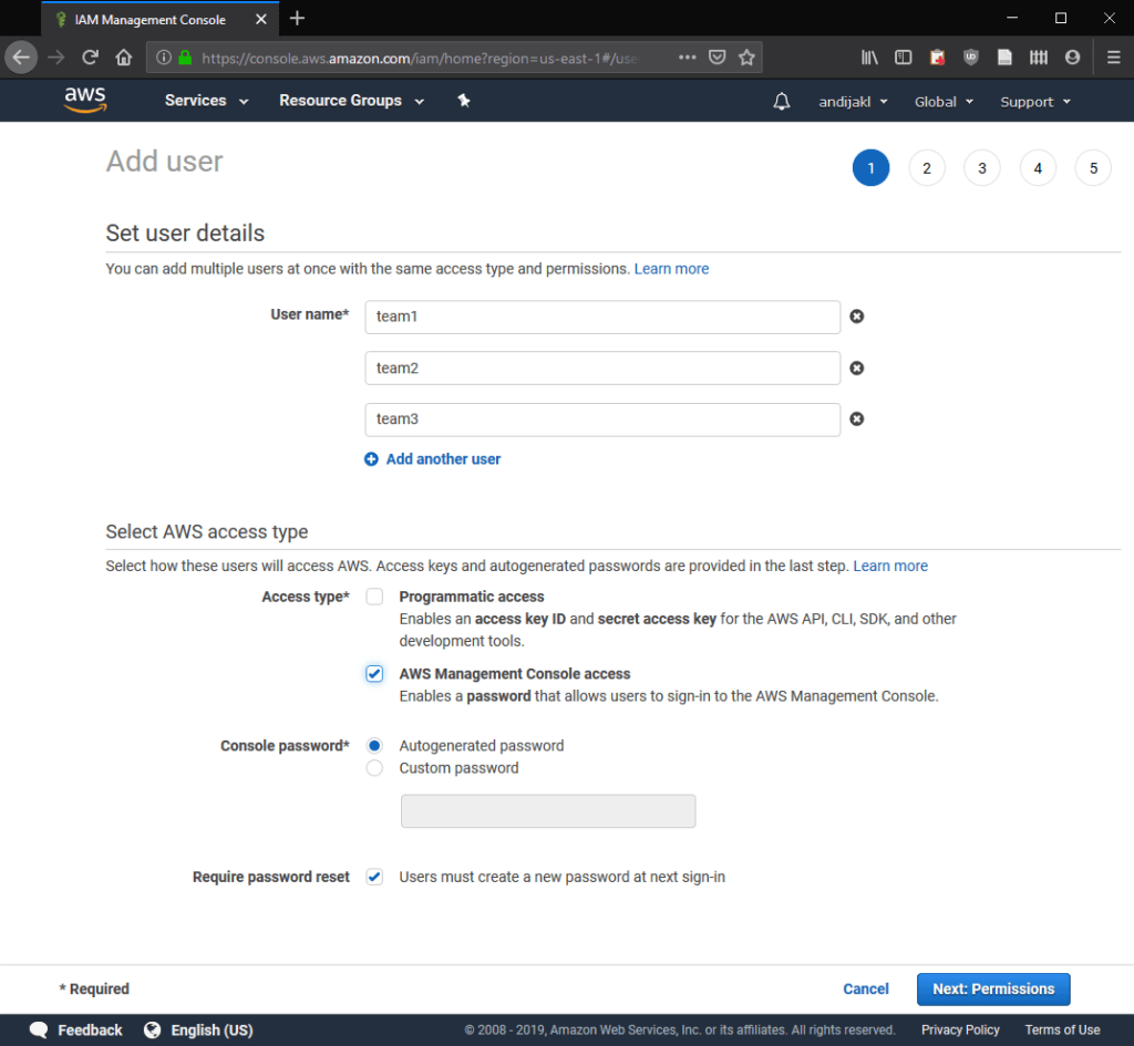 Add IAM users for individual students or student teams, together with AWS Management Console access.