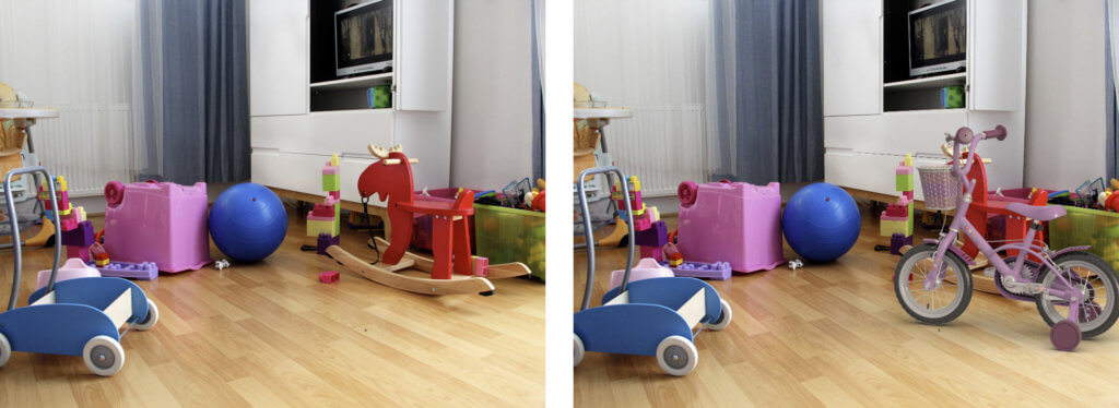 Two images, left shows the original photo; right image has an inserted virtual object with similar lighting applied.