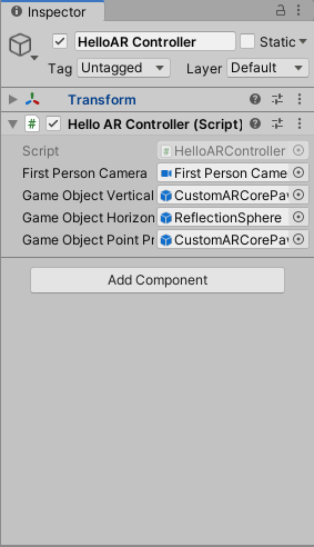 Assign the new prefab to the HelloAR controller, so that it gets placed in the real world when the user taps a horizontal plane.