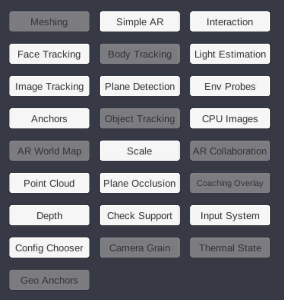 Available demos in the AR Foundation Sample application. Only the highlighted demos are available on Android.