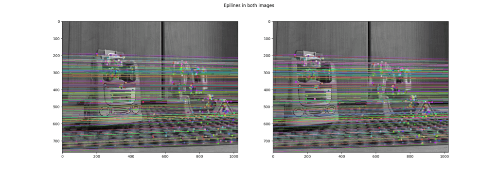 Epilines in both images, the corresponding keypoint pairs are marked.