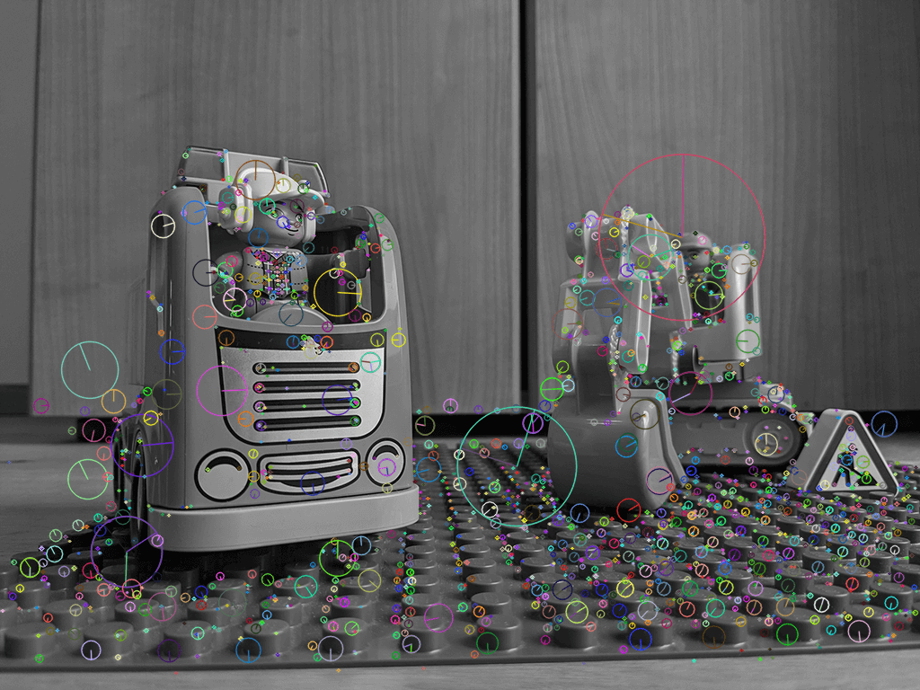 Keypoints detected by the SIFT algorithm in OpenCV.