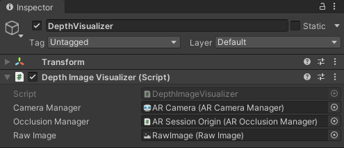 The depth visualizer script with its three assigned properties.