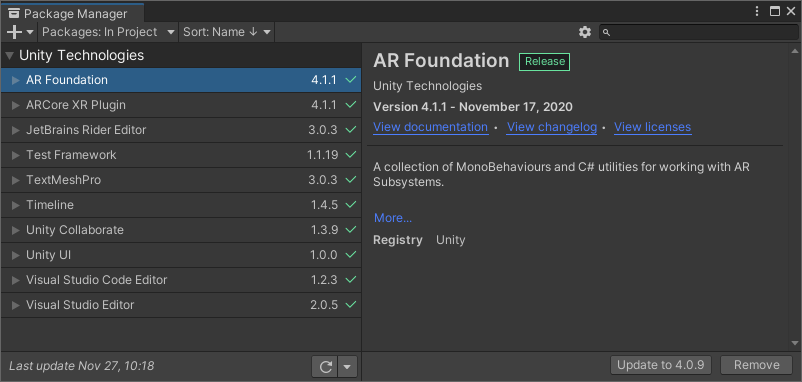 Unity Package Manager with AR Foundation & ARCore XR Plugin packages installed.