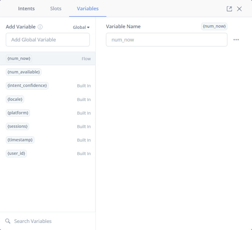 Screenshot of Voiceflow showing the two custom variables added to Voiceflow.