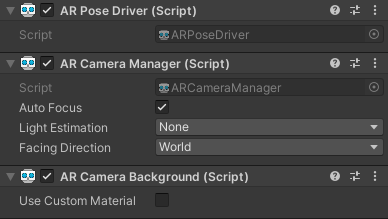 The three main scripts attached to the AR Camera: AR Pose Driver, AR Camera Manager and AR Camera Background. These contain some important settings you should configure.