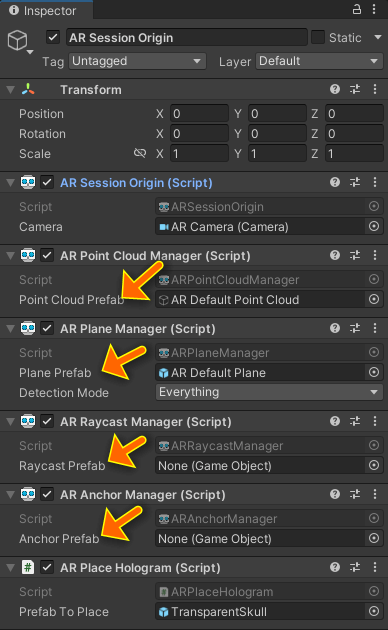 Every AR Foundation trackable manager script has a default prefab which it instantiates.