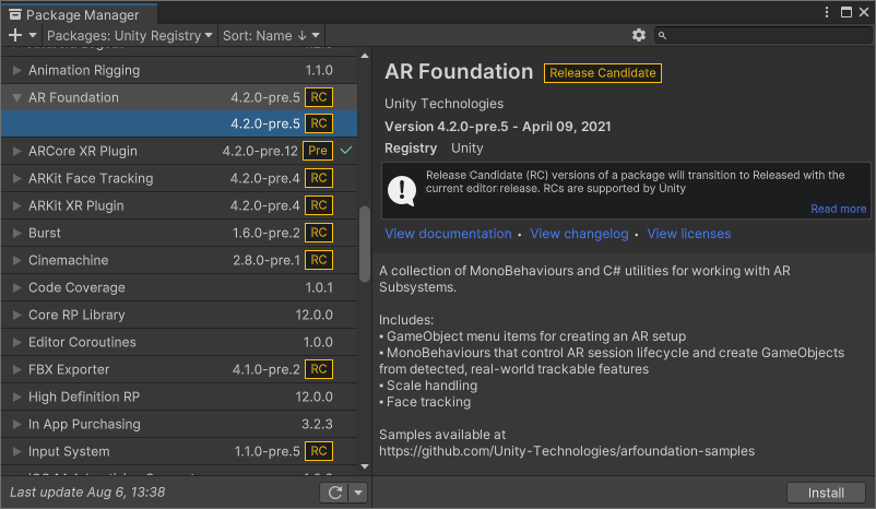 Install the AR Foundation plug-in if it's not installed automatically.