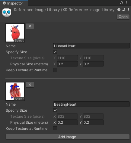 Two images added to the reference image library of AR Foundation in Unity.